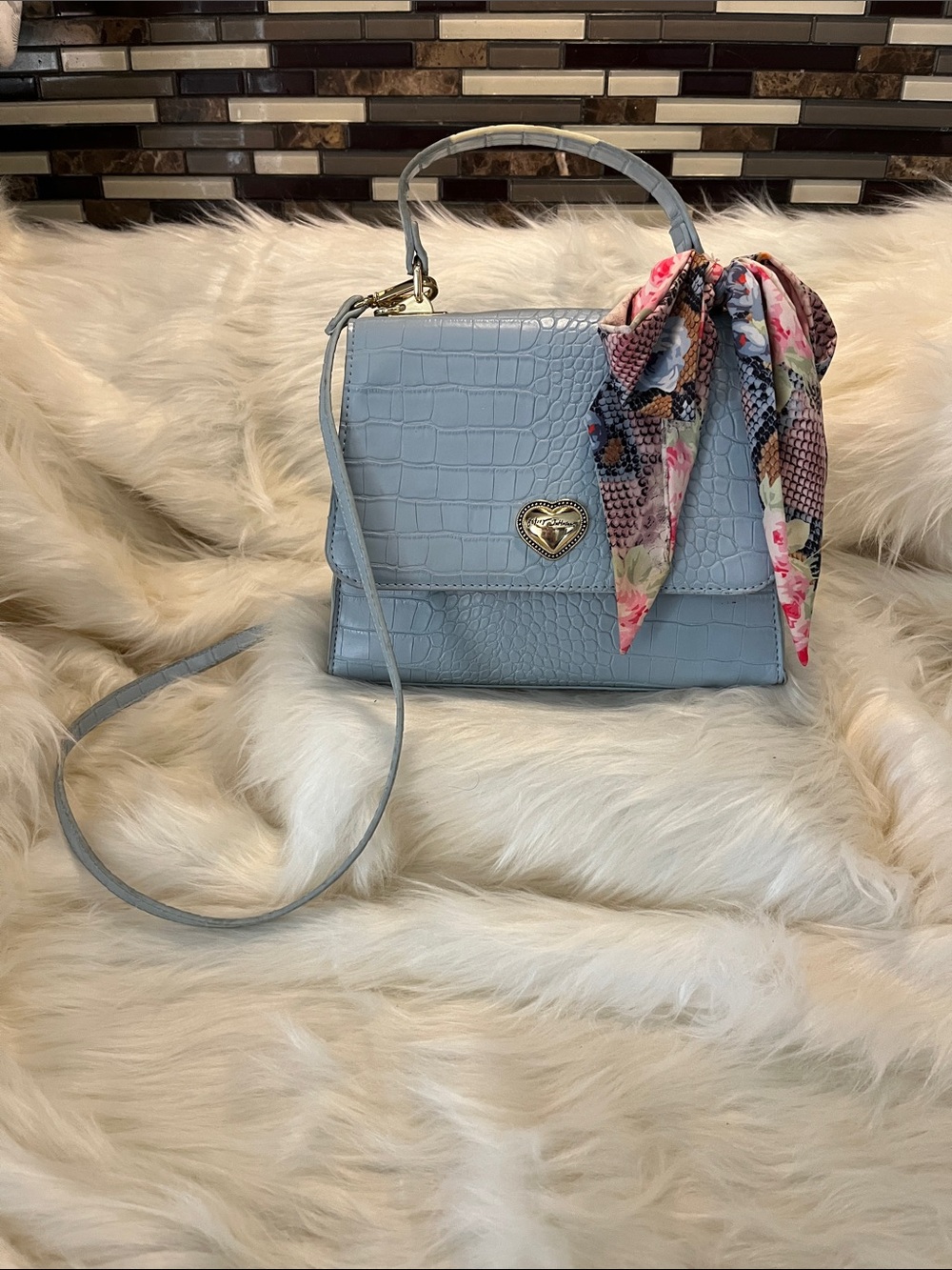 Betsey Johnson Light Blue Croc-Embossed Crossbody with Floral Scarf